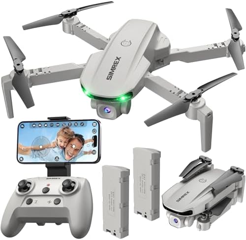 SIMREX X800 Drone with Camera for Adults Younger folk, 1080P FPV Foldable Quadcopter with 90° Adjustable Lens, RGB Lights, 360° Flips, One Key Recall Off/Touchdown, Altitude Withhold, 2 Batteries (Gray)